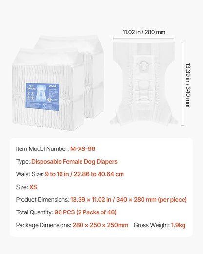 VEVOR Disposable Dog Diapers, Super Absorbent Female Dog Diapers, 360° Leak-Proof Female Doggy Pet Diaper with Wetness Indicator for Heat Period, Training, Incontinence - S, 96 Count (2 Packs of 48)