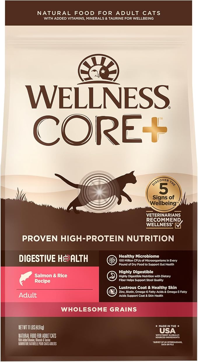 Wellness CORE+ Adult Dry Cat Food for Indoor and Outdoor Cats, Wholesome Grains, Natural, Digestive Health Salmon &amp; Rice (11 Pound Bag)