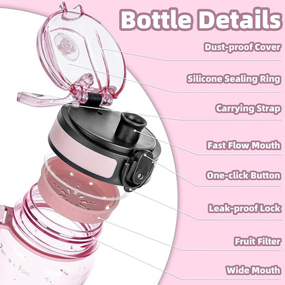 OLDLEY 32 oz Water Bottle, Motivational Water Bottle with Time Marker, Sports Water Bottle With Strap, Leakproof &amp; BPA Free Large Water Bottles for School, Gym, Travel, Tritan, Transparent Pink
