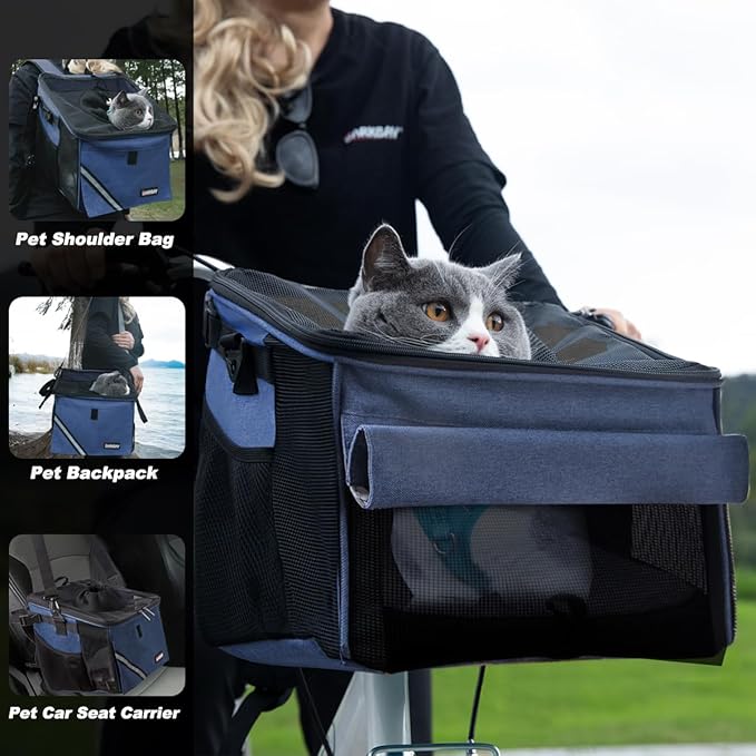 Pet Carrier Bicycle Basket Bag Pet Carrier/Booster Backpack for Dogs and Cats with Big Side Pockets,Comfy &amp; Padded Shoulder Strap,Travel with Your Pet Safety（Classic Blue）