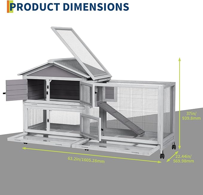 2-Tier Rabbit &amp; Chicken House Mobile,Wooden Chicken Coop &amp; Bunny Cage with Non-Slip Ramp, 4 Doors,Waterproof Roof &amp; Pull-Out Tray,Outdoor/Indoor Pet Cage Movable