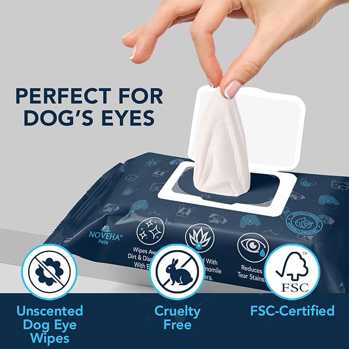 NOVEHA Dog Eye Wipes - Tear Stain Remover for Dogs - Formulated to Remove Eye Debris, Tear Stains &amp; Eye Discharge - Plant Based, Safe, Convenient, and Large Unscented Wipes (100 Count x 1 Package)
