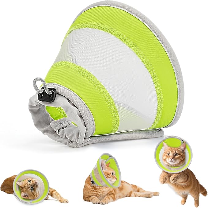 Breathable Air Mesh Cat Cone Collar Soft to Stop Licking, Adjustable, Foldable Lightweight Kitten Cones After Surgery Recovery for Cats &amp; Kittens (Yellow Green,M)