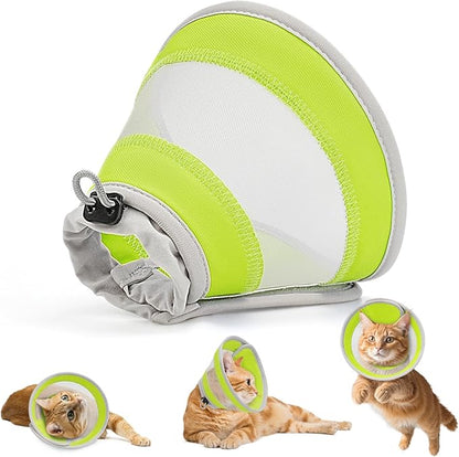 Breathable Air Mesh Cat Cone Collar Soft to Stop Licking, Adjustable, Foldable Lightweight Kitten Cones After Surgery Recovery for Cats &amp; Kittens (Yellow Green,M)