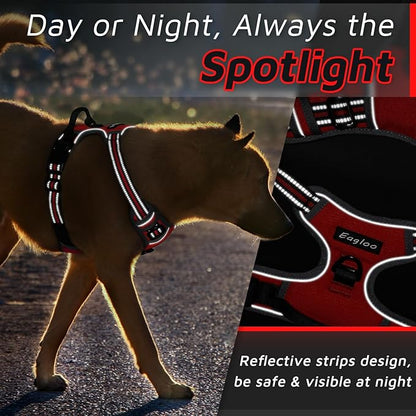 Eagloo Dog Harness Medium Sized Dog, No Pull Service Vest with Reflective Strips and Control Handle, Adjustable and Comfortable for Easy Walking, No Choke Pet Harness with 2 Metal Rings, Red, M