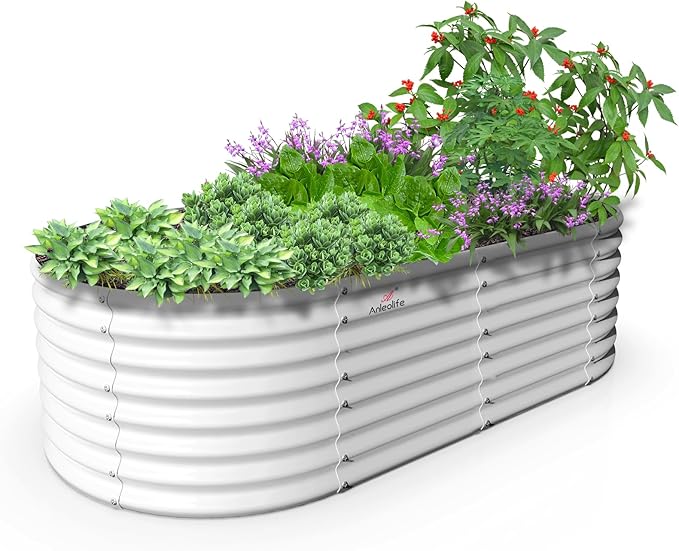 A ANLEOLIFE 8X4X2 ft Galvanized Raised Garden Beds Outdoor, Oval Large Metal Deep Root Planter Box for Planting Vegetables Flowers Herb, Anti-Rust &amp; Easy-Setup, Antique White