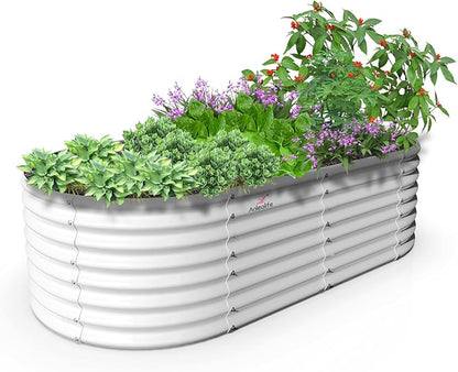 A ANLEOLIFE 8X4X2 ft Galvanized Raised Garden Beds Outdoor, Oval Large Metal Deep Root Planter Box for Planting Vegetables Flowers Herb, Anti-Rust &amp; Easy-Setup, Antique White