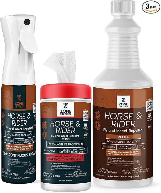 Horse &amp; Rider Fly/Insect Repellent Starter Pack; Picaridin Based 10oz Continuous Spray, 32oz Refill, 80-Count Face/Ear Wipes