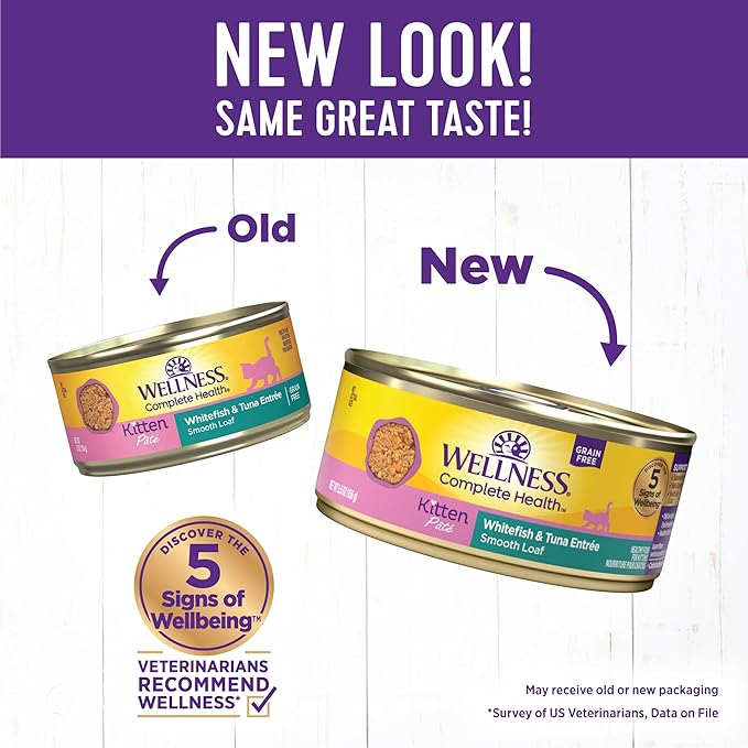 Wellness Complete Health Pate Kitten Wet Cat Food, Natural, Protein-Rich, Grain Free, 5.5 Ounce, 24 Pack, (Whitefish &amp; Tuna)