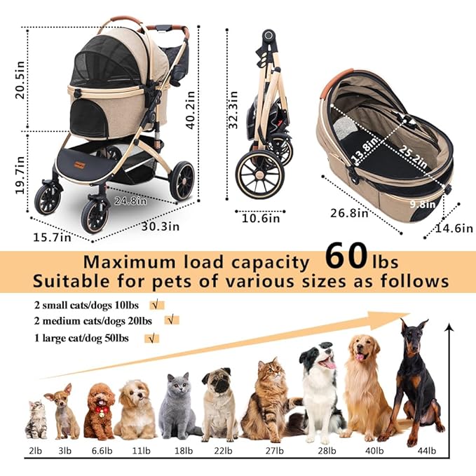 Pettingzoo Dog stroller with 4 Wheels, Folding Cat Stroller for Small/Medium/Large dogs &amp; cats to 60 lbs, pet stroller with removable carrier, Storage BasketCup Holder,3 in1 Multifunctional Detachable
