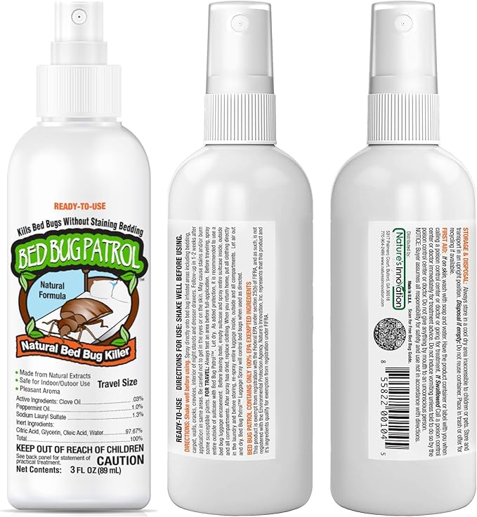 Natural Bed Bug Killer – 3 Pack (3oz Each) Travel Spray – Non-Toxic, TSA Safe, Child &amp; Pet Friendly Formula for Airbnb, Luggage, Hotels, Rideshare, and Work Trips