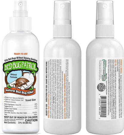 Natural Bed Bug Killer – 3 Pack (3oz Each) Travel Spray – Non-Toxic, TSA Safe, Child &amp; Pet Friendly Formula for Airbnb, Luggage, Hotels, Rideshare, and Work Trips