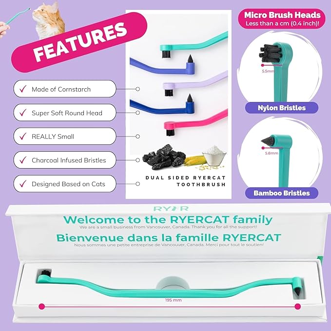 RYERCAT Set of 2 Dual Sided Cat Toothbrush - Kitten Toothbrush with Micro Head to fit into Cat/Kittens Mouth - Cat Dental Care Supplies - Pet Toothbrush for Cats(Lavender Purple &amp; Ocean Blue)