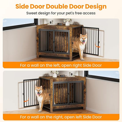 Dog Crate Furniture, Dog Crate End Table for Medium and Large Dogs,Wooden Cage Kennel Furniture Indoor, Modern Dog Crate with Multi-Purpose Removable Tray, Double-Doors Dog Furniture