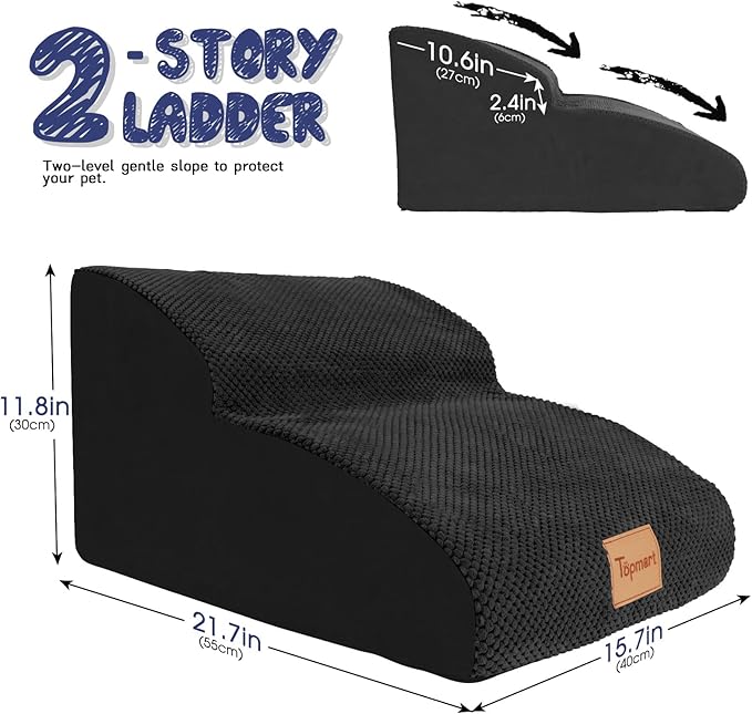 Topmart High Density Extended Foam Dog Ramp&amp;Steps 2 Tiers,11.8" High,Non-Slip Dog Stairs,Soft Foam Pet Ladder with Waterproof Cover,Best for Injured,Older Cats,Pets with Joint Pain