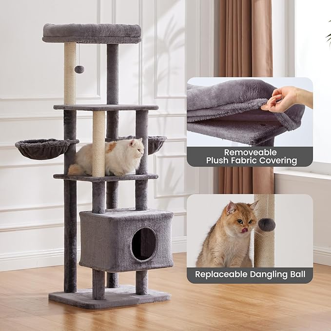 Gardner Pet 65in Heavy Duty Cat Tree Tower for Large Cats, Multi-Level Cat Furniture with Replaceable Sisal Scratching Post, Hammock | Extra-Large Platform &amp; Condo (Grey)