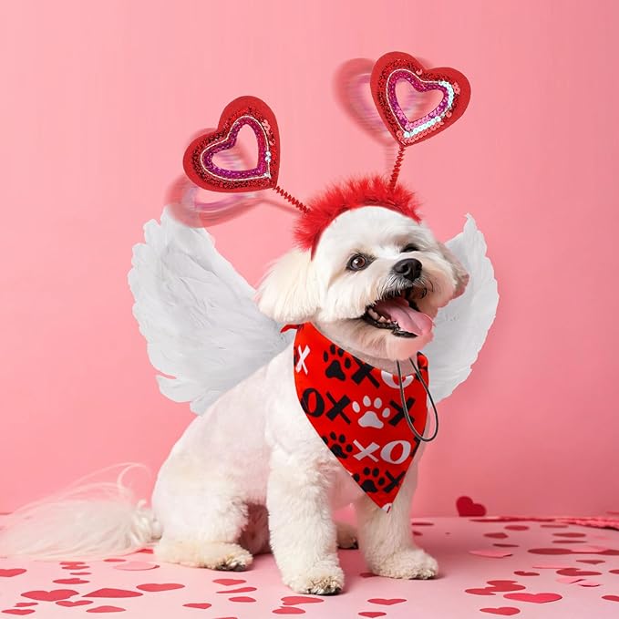 SCENEREAL Dog Outfit/Birthday Bandana with Feather Wing &amp; Heart Headband Dogs Girls Set, Red Puppy Kitty Party Supplies for Small Medium Dogs Cats, Pet Costumes