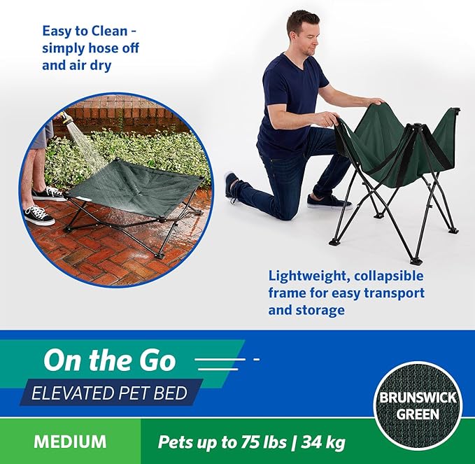 Coolaroo On-The-Go Elevated Dog Bed - Foldable Pop-Up Travel Dog Bed with Breathable, Moisture-Resistant Fabric, Carry Bag Included, Lightweight &amp; Portable, Brunswick Green, Medium