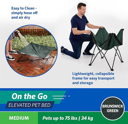 Coolaroo On-The-Go Elevated Dog Bed - Foldable Pop-Up Travel Dog Bed with Breathable, Moisture-Resistant Fabric, Carry Bag Included, Lightweight &amp; Portable, Brunswick Green, Medium
