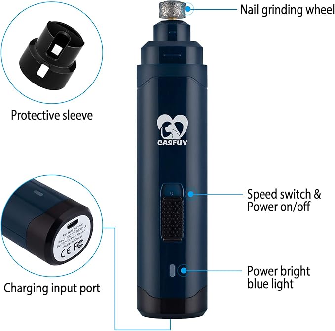 Casfuy Dog Nail Grinder Upgraded - Professional 2-Speed Electric Rechargeable Pet Nail Trimmer Painless Paws Grooming &amp; Smoothing for Small Medium Large Dogs &amp; Cats(Dark Blue)