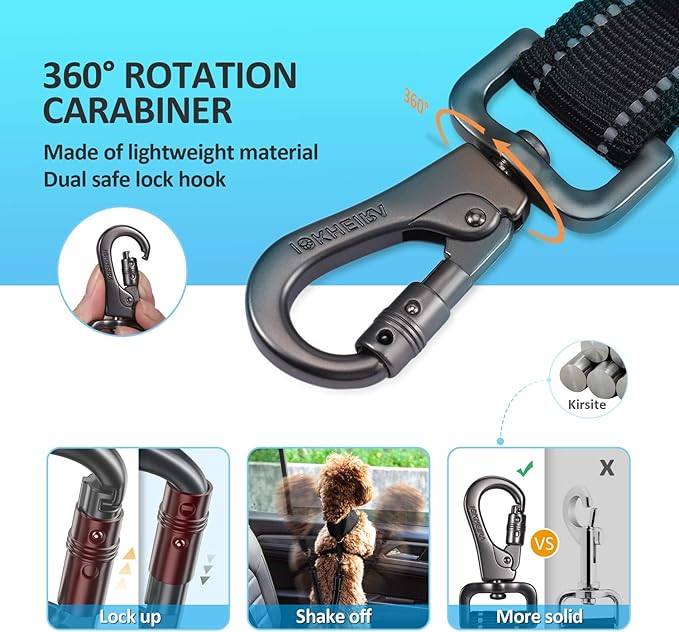 Dog Seat Belt 3-in-1 Car Harness for Dogs Adjustable Safety Seatbelt for Car Nylon Reflective Bungee Fabric Dog Car Harness with Clip Hook Latch &amp; Buckle, Swivel Zinc Alloy Carabiner (Black)