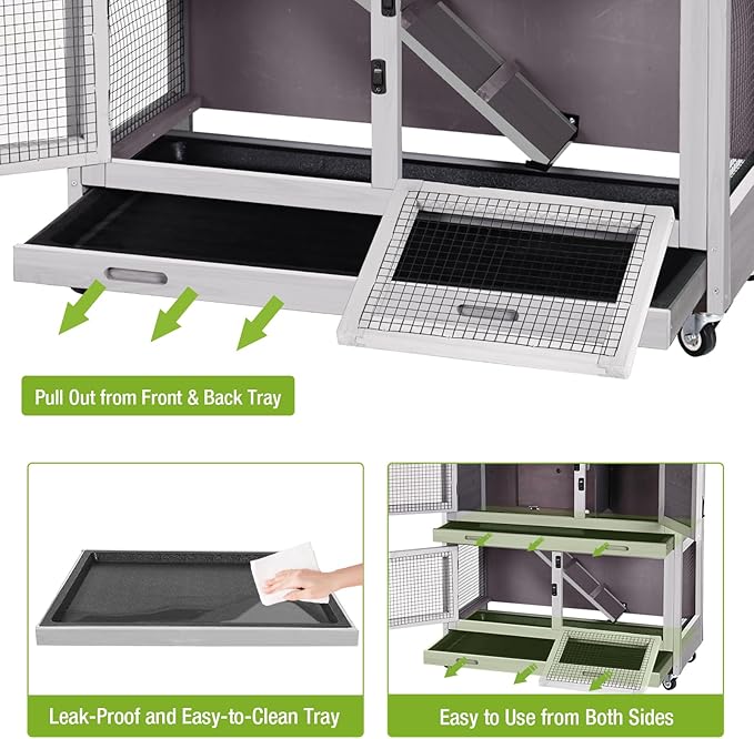 Gutinneen 2-Story Rabbit Hutch with Chew-Proof Ramp, 36" Indoor/Outdoor Rabbit Cage with 4 Casters &amp; 2 Pull-Out Trays, Wooden Bunny Hutch Leakproof Small Animal Cage for Rabbits, Guinea Pigs