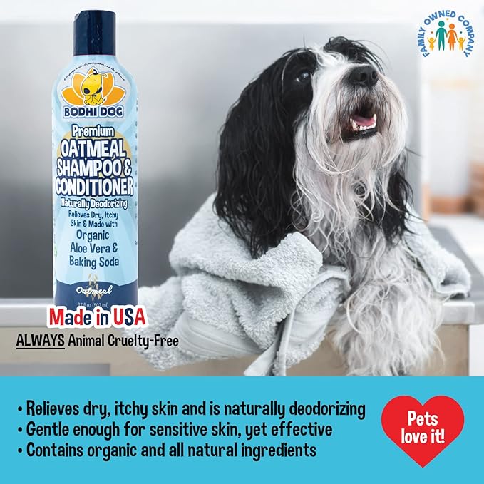 Bodhi Dog Grooming Bundle - Oatmeal Shampoo &amp; Conditioner with Bath Brush - Pet Shower Supplies for Dogs and Cats - Gentle Care for Long, Short &amp; Curly Hair, Safe and Effective, Made in USA