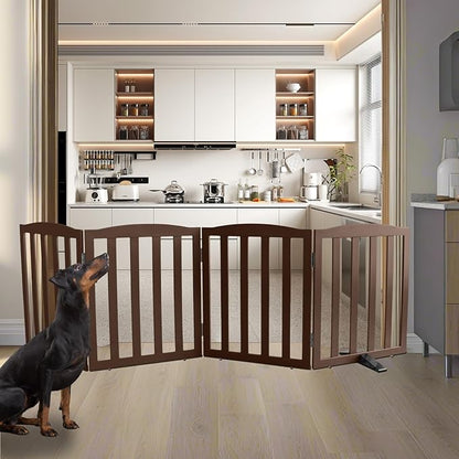ZJSF Foldable Freestanding Indoor Dog Gate for House Wood Long Pet Gates Dog Fence for Stairs Puppy Gates for Hallways, Puppy Gate,Support Feet Included, Brown, 24 "Height-4 Panels