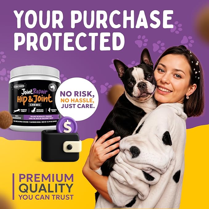 Joint Repair Hip and Joint Chews for Dogs Glucosamine, Chondroitin, MSM, Hemp, Omega 3 &amp; Turmeric for Dog Joint Support, Mobility &amp; Pain Relief - (120 Chicken Chews, Made in USA)