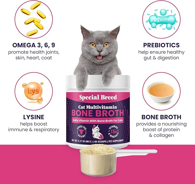 Cat Multivitamin with Grass-Fed Beef Bone Broth – Daily Supplement for Immune, Joint, Skin, Coat &amp; Gut Health – Omega 3s, Lysine, Beta Glucan, Vitamins A-E, C, D – 90 Day Supply – No Fillers