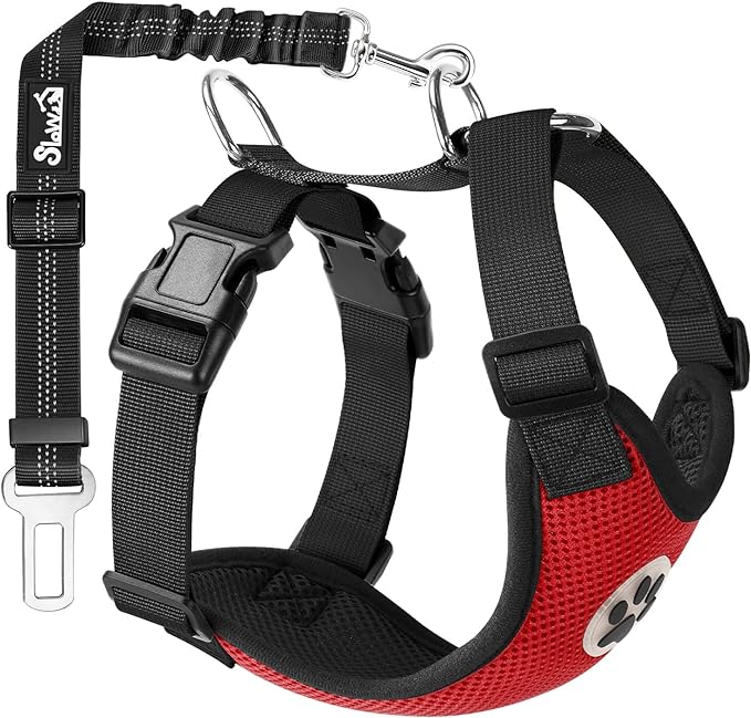 SlowTon Dog Seat Belt Harness for Car, Dog Car Harness Adjustable Mesh Breathable &amp; Dog Seatbelt Safety Tether with Elastic Bungee for Small Medium Large Pets(Red, Single Clip, XXXS)