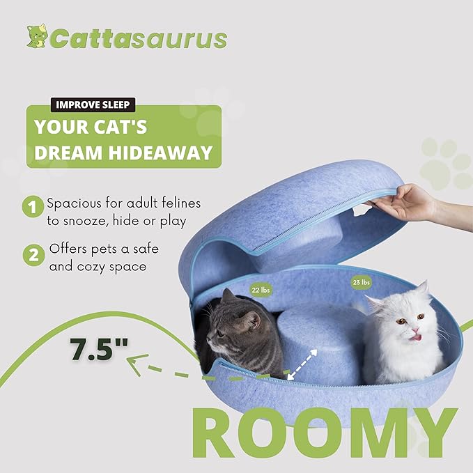 CATTASAURUS Peekaboo Cat Cave for Multiple &amp; Large Cats Up to 30-45 Lbs, Scratch Detachable &amp; Washable Tunnel Bed, Comfy Donut Cat Cave (Blue, Large)