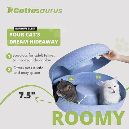 CATTASAURUS Peekaboo Cat Cave for Multiple &amp; Large Cats Up to 30-45 Lbs, Scratch Detachable &amp; Washable Tunnel Bed, Comfy Donut Cat Cave (Blue, Large)