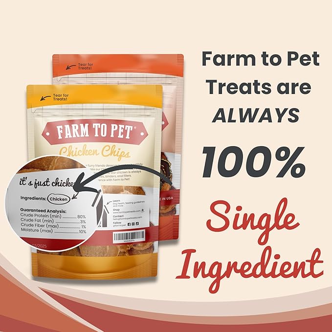 Farm To Pet - Dog Training Treats Chicken &amp; Turkey Chip Protein Pack, 100% All Natural, Single Ingredient Training Treats, Made in USA, for Small, Medium, and Large Dogs