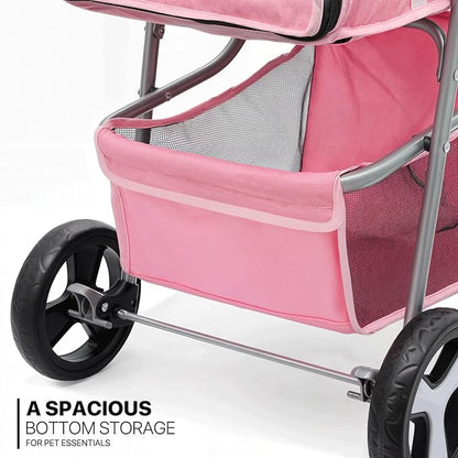 MoNiBloom 3-Wheels Foldable Pet Stroller with Waterproof Cover, Pet Strolling Cart for Small/Medium Dogs and Cats with Storage Basket and Cup Holder, Breathable and Visible Mesh for All-Season, Pink
