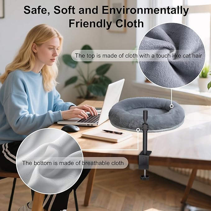 Cat Desk Bed with Summer Colling Mat, 360° Rotating &amp; Height Adjustable Indoor Cat Nest, Large Desktop Cats Perch for Home Offcice Space Saving, Supports Up to 40 lbs, Machine Washable Removable Cover