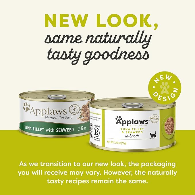 Applaws Natural Wet Cat Food, 24 Count, Limited Ingredient Canned Wet Cat Food, Tuna with Seaweed in Broth, 2.47oz Cans