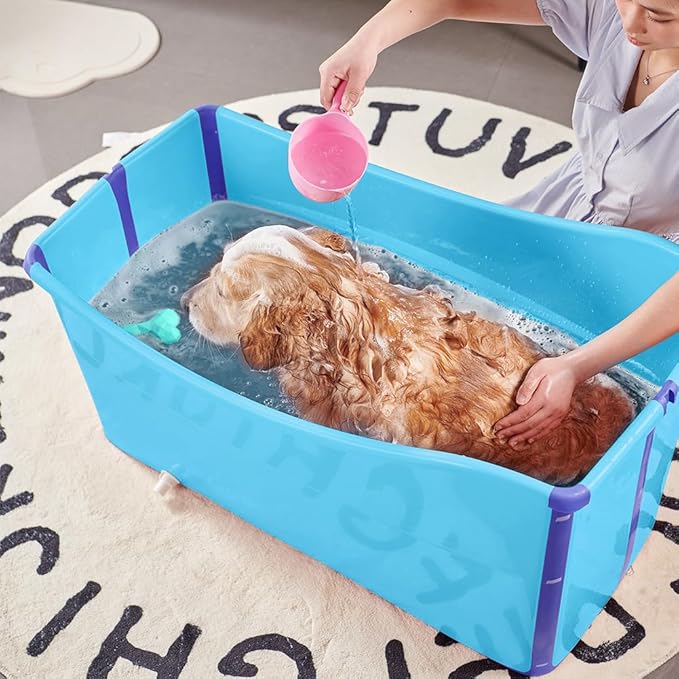 Portable Dog Bathtub for Large Dogs - 48.4Gal Foldable Pet Wash Station with Drain Plug, Insulated &amp; Non-Slip Design for Indoor/Outdoor Bathing, Grooming, Camping（Blue）