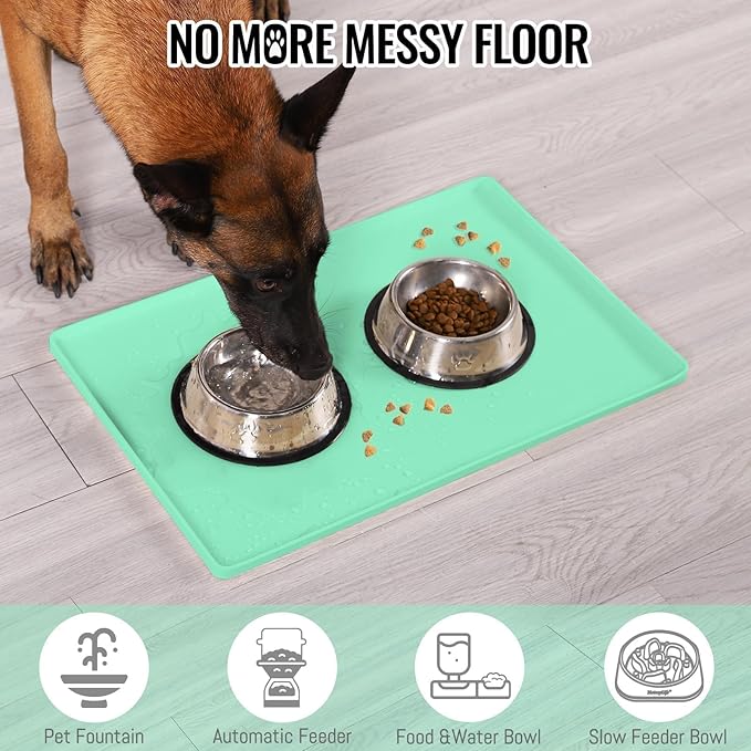 MateeyLife Dog &amp; Cat Food Mat - Waterproof, Nonslip, Raised Edges, Silicone Tray for Messy Drinkers, 24"x16", Mint Green