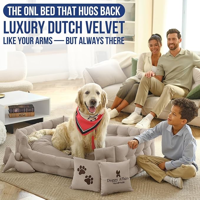 Luxury Dog Bed Chesterfield – Handcrafted Velvet Throne for Dogs | Joint Support, Calming &amp; Temp-Regulating Comfort | Durable 5+ Years, Anti-Claw, Washable 100+ Times – XL, Ivory