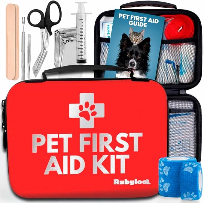 Dog First Aid Kit - Vet Approved Pet First Aid Supplies to Treat Dogs &amp; Cats in an Emergency - Pet First Aid Kit Guide, Tick Remover, Slip Leash &amp; Medical Essentials for Home, Camping, Car, RV, Travel
