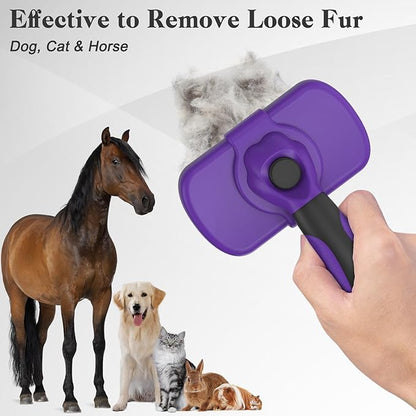 Self Cleaning Cat &amp; Dog Grooming Brush - Skin Friendly Deshedding Hair Brush for Haired Dogs &amp; Puppies, Purple
