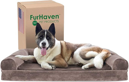 Furhaven Cooling Gel Dog Bed for Large Dogs w/ Removable Bolsters &amp; Washable Cover, For Dogs Up to 95 lbs - Faux Fur &amp; Velvet Sofa - Driftwood Brown, Jumbo/XL