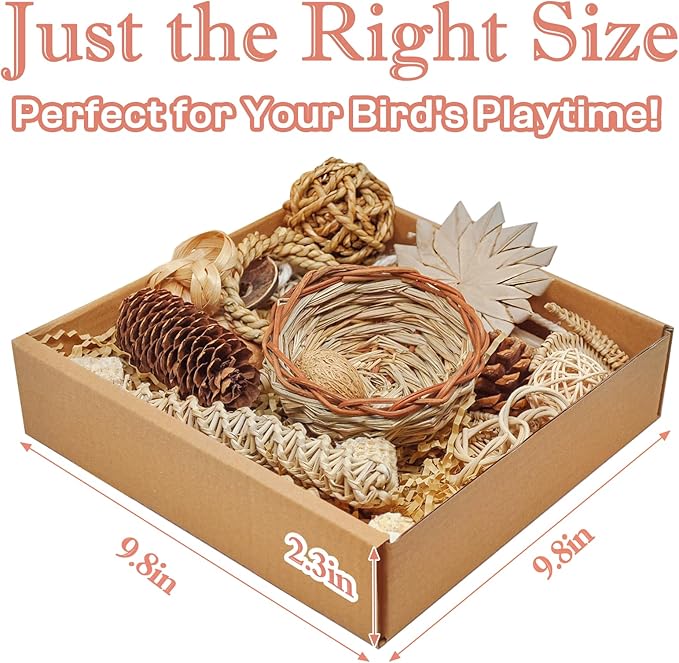 Natural Bird Foraging &amp; Shredding Toys Box - Handmade Rattan Chewing Toys for Parakeets, Cockatiels, Conures, Lovebirds &amp; Small to Medium Birds