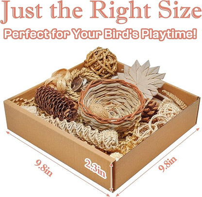Natural Bird Foraging &amp; Shredding Toys Box - Handmade Rattan Chewing Toys for Parakeets, Cockatiels, Conures, Lovebirds &amp; Small to Medium Birds