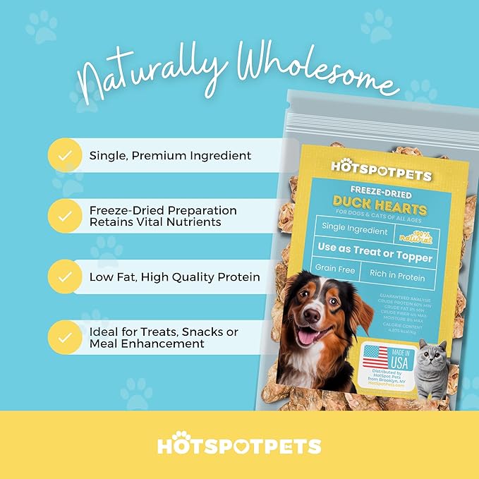 hotspot pets Freeze Dried Duck Heart Treats for Cats &amp; Dogs - Made in USA, 1LB Big Bag - Single Ingredient All Natural Grain-Free Duck Hearts - Perfect for Training, Topper or Snack