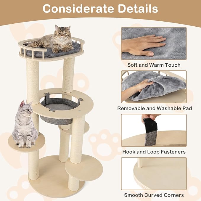 Tangkula Wood Cat Tree, 59 Inch Multi-Level Cat Tower with Top Padded Perch, Hammock, 3 Platforms &amp; Sisal Scratching Posts, Large Modern Cat Tree Tower for Indoor Cats Kittens (59 Inch)