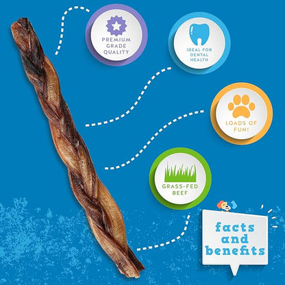 Jack&amp;Pup 12" Braided Bully Sticks (3 Pack) Long Lasting Thick Bully Sticks for Large Dogs and Aggressive Chewers, Single Ingredient Dog Chews