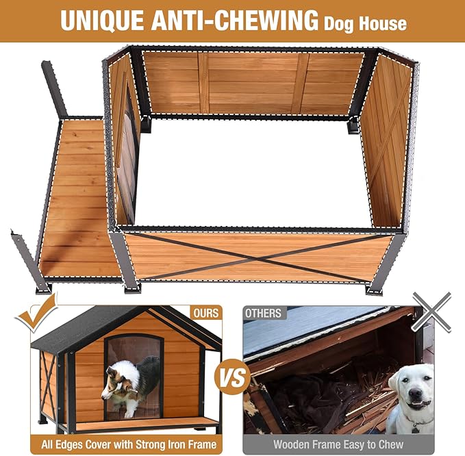 Dog House Outdoor &amp; Indoor, Dog Kennel for Winter, Insulated Puppy Shelter for Small &amp; Medium &amp; Large Dogs,Unique All-Around Iron Frame (Medium)