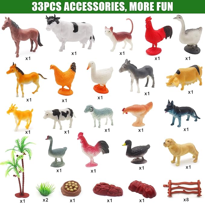 fisca Remote Control Tactor Toy Set &amp; 33PSC Farm Vehicle Playset - Animal Figurines ,2.4GHz 1/24 Scale RC Tractor,Livestock Trailer, Fence with Light for Kids Age 4, 5, 6, 7 and Up Years Old